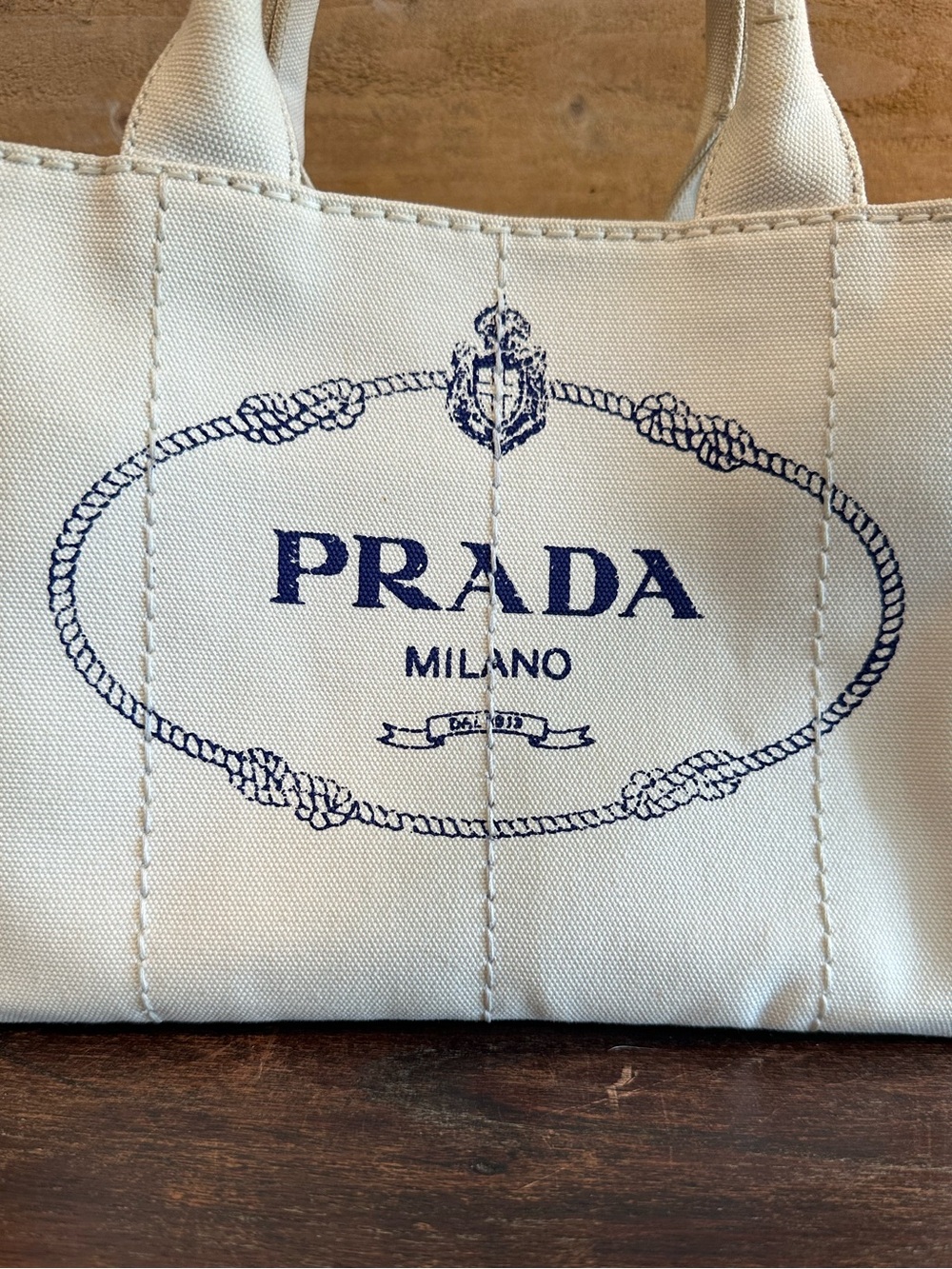 Authentic Prada Canapa Small Tote in ivory/cream canvas w/ gold hardware & strap - Picture 8 of 16